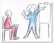Workshop mit Vorträgen Zuhörer und Referent mit Flipchart